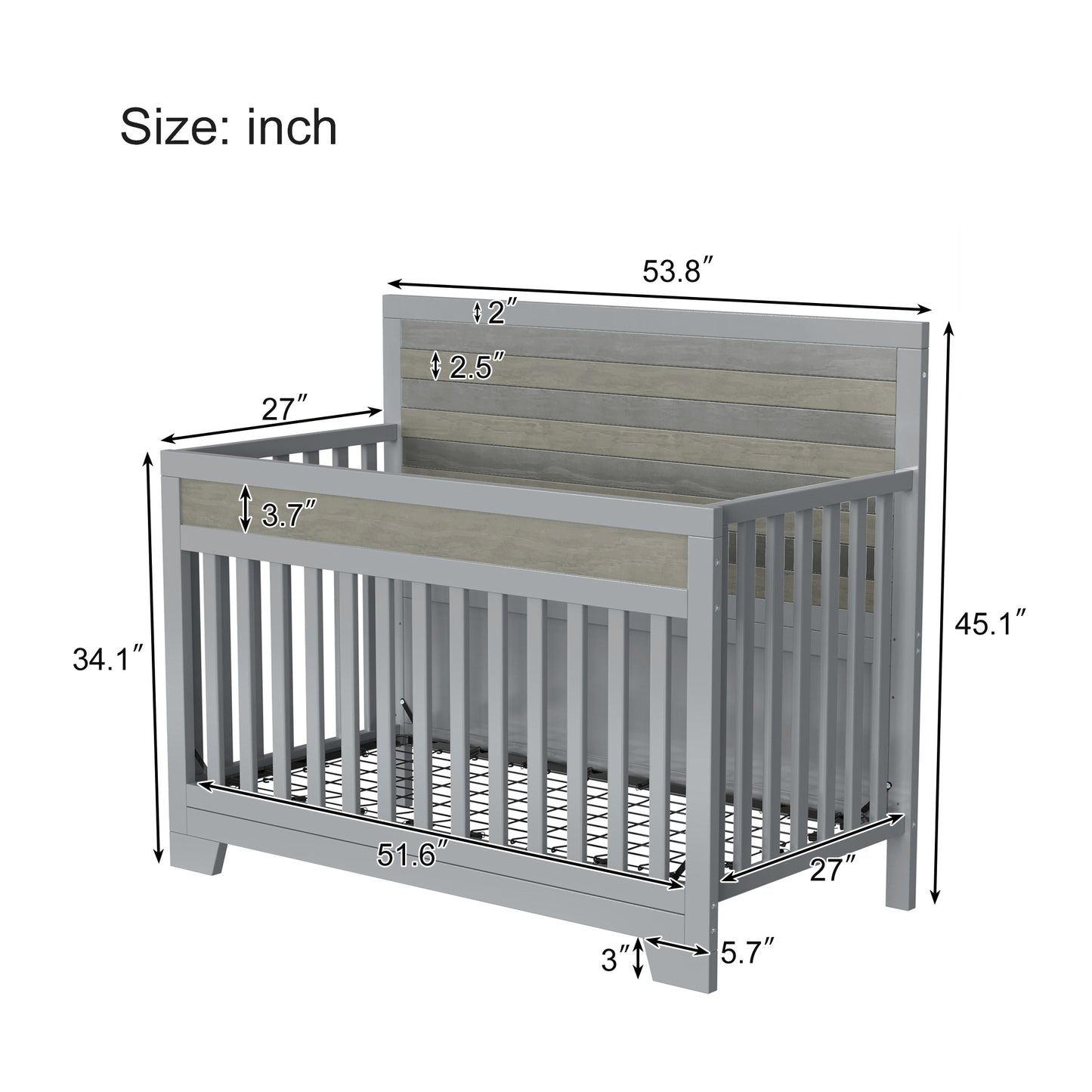 Certified Baby Safe Crib, Pine Solid Wood, Non-Toxic Finish, Gray