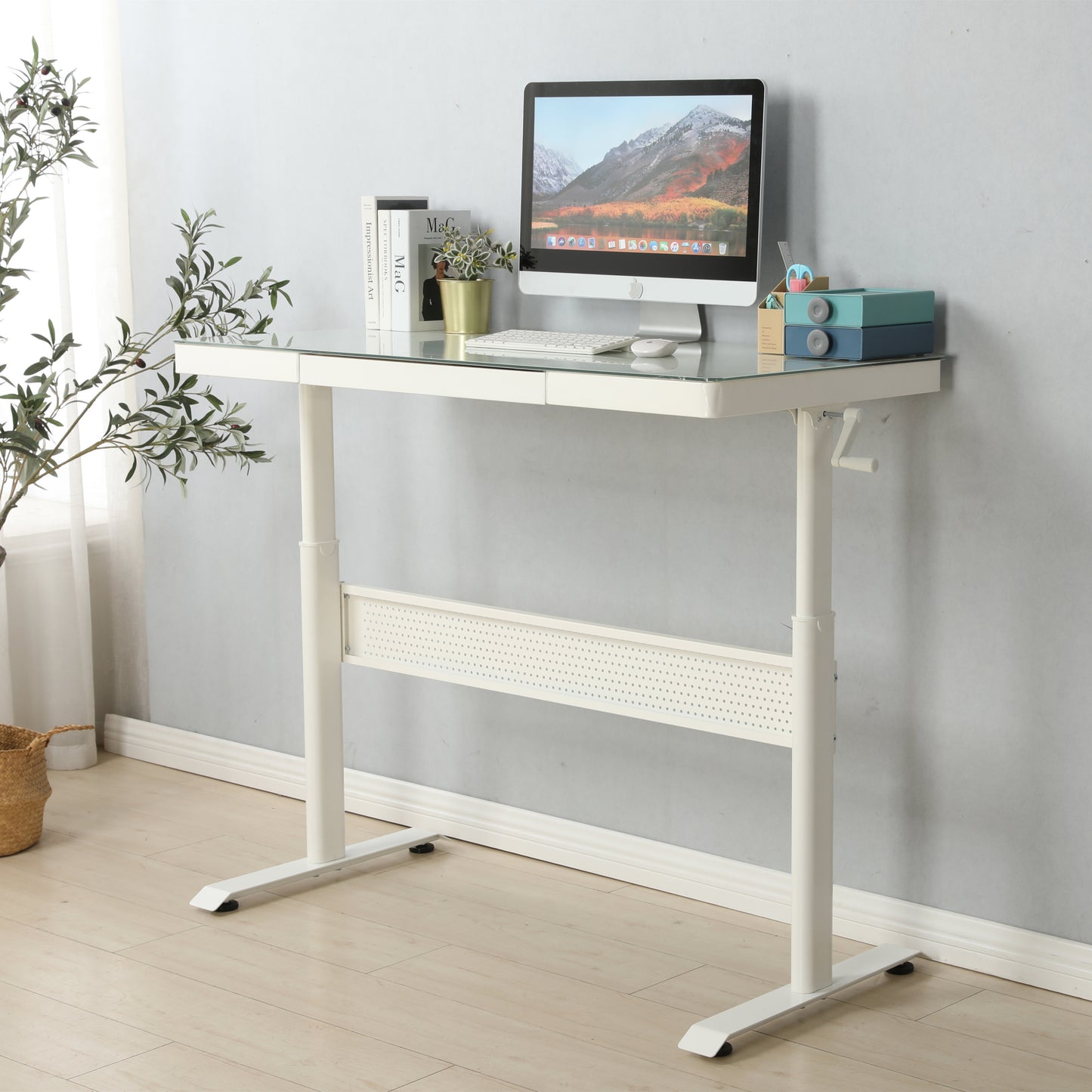 Height-Adjustable Glass Desk with Metal Drawer, 48 x 24 Inches