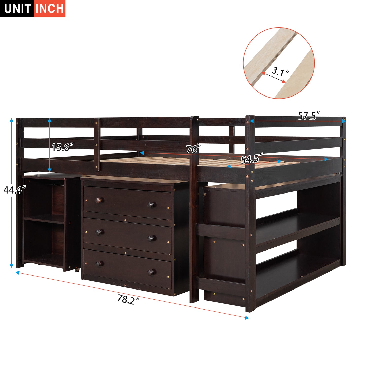 Low Study Full Loft Bed with Cabinet ,Shelves and Rolling Portable Desk ,Multiple Functions Bed- Espresso