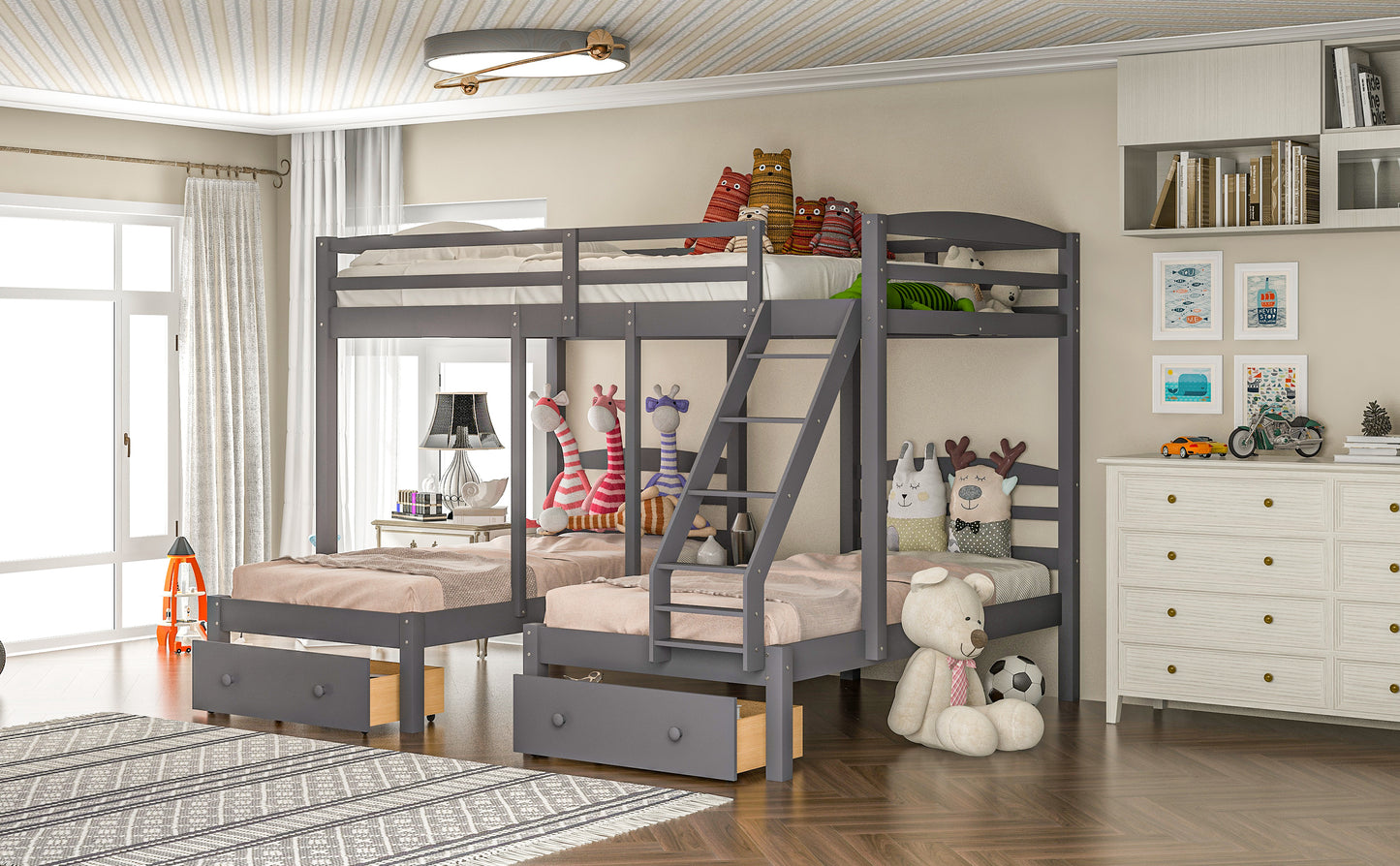 Gray Triple Bunk Bed with Storage Drawers, Full over Twin & Twin Bunk Bed