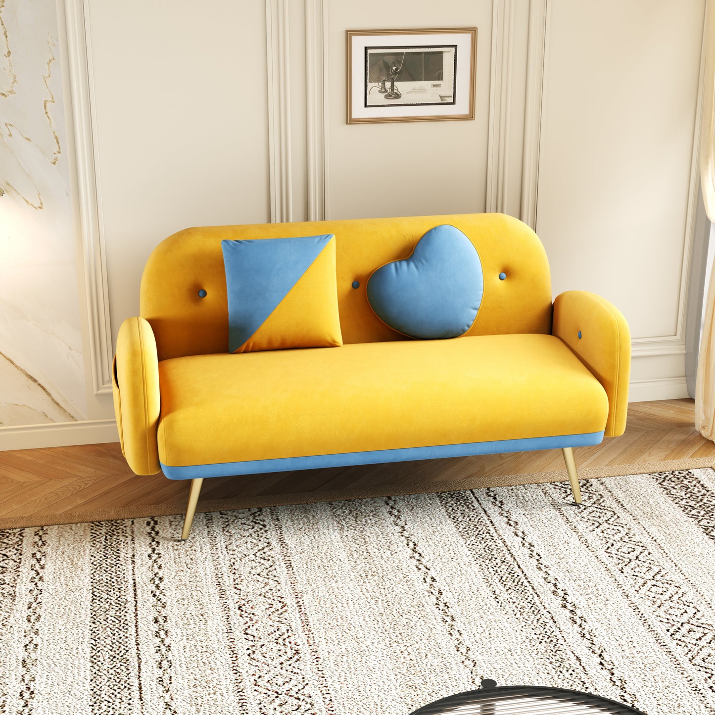 Yellow Velvet Sofa with Two Pillows for Small Spaces