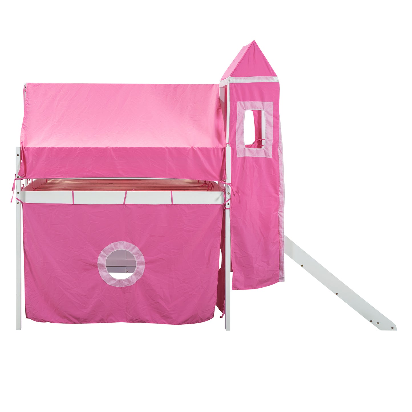 Full Size Loft Bed with Tent and Tower - Pink