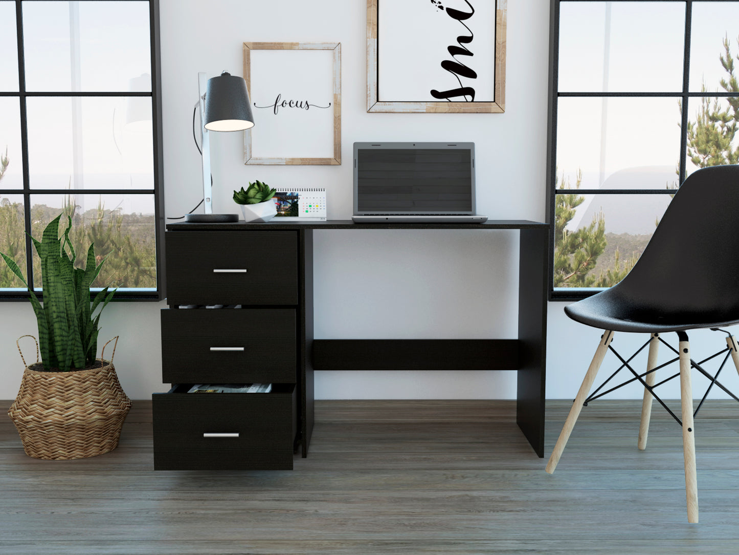 Elegant Writing Desk with Three Drawers in Classic Black