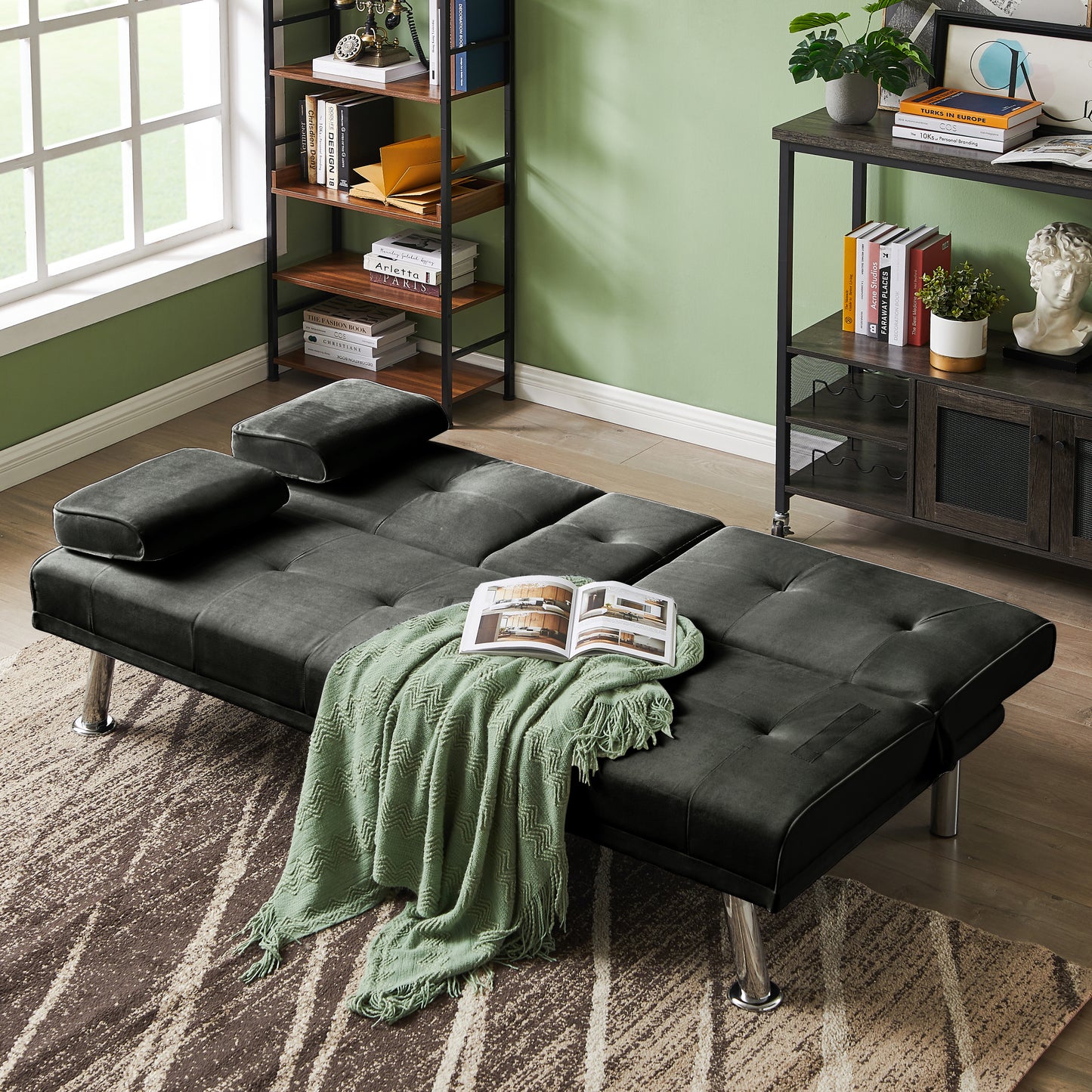 Velvet Upholstered Modern Convertible Folding Futon Sofa Bed Removable Armrests, Metal Feet with 2 Cup Holders