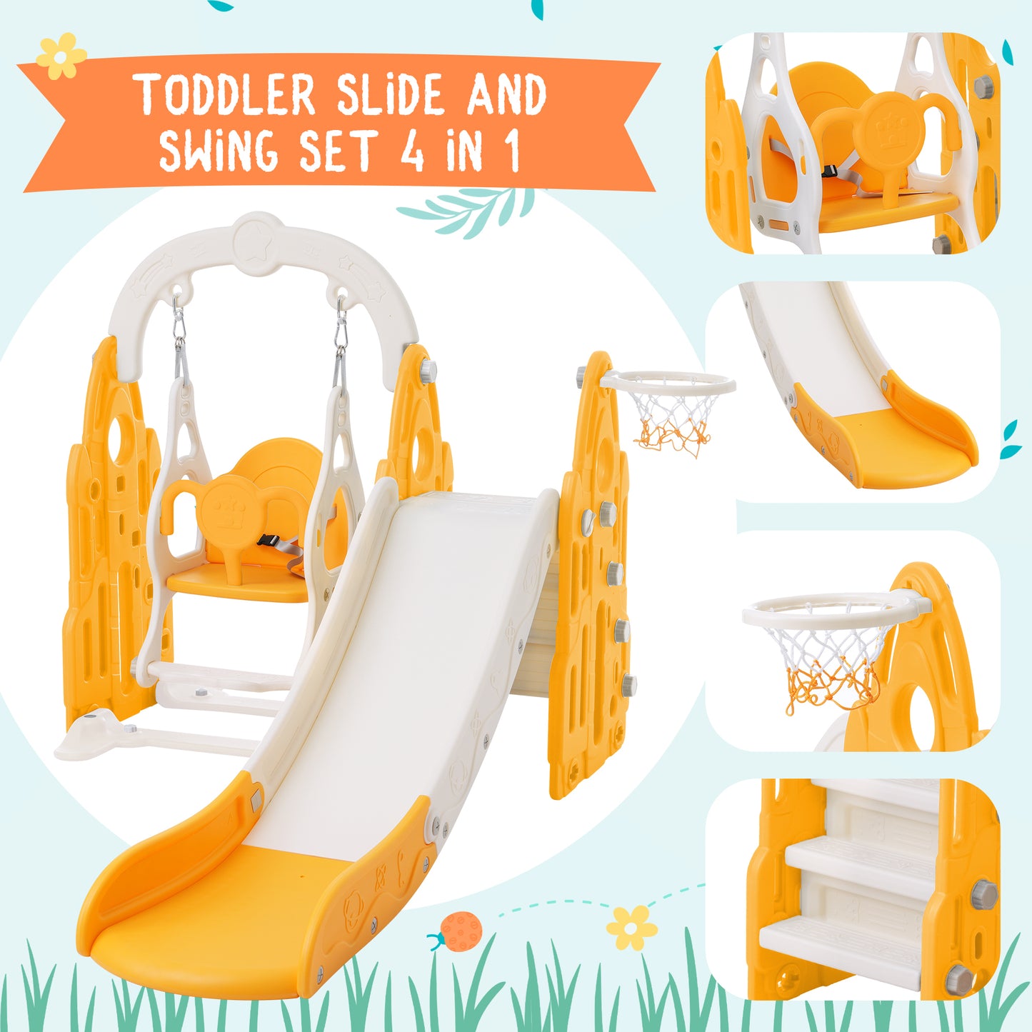 4 in 1 Toddler Playground Climber Slide and Swing Set with Basketball Hoop