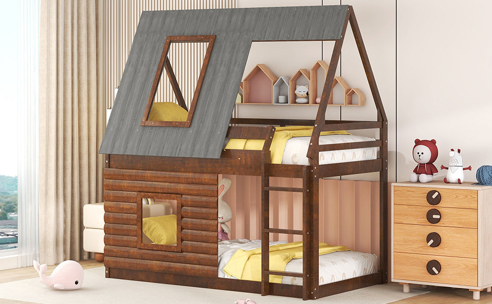 Cozy Rustic Oak and Smoky Grey House Bunk Bed with Roof, Ladder, and Windows for Kids