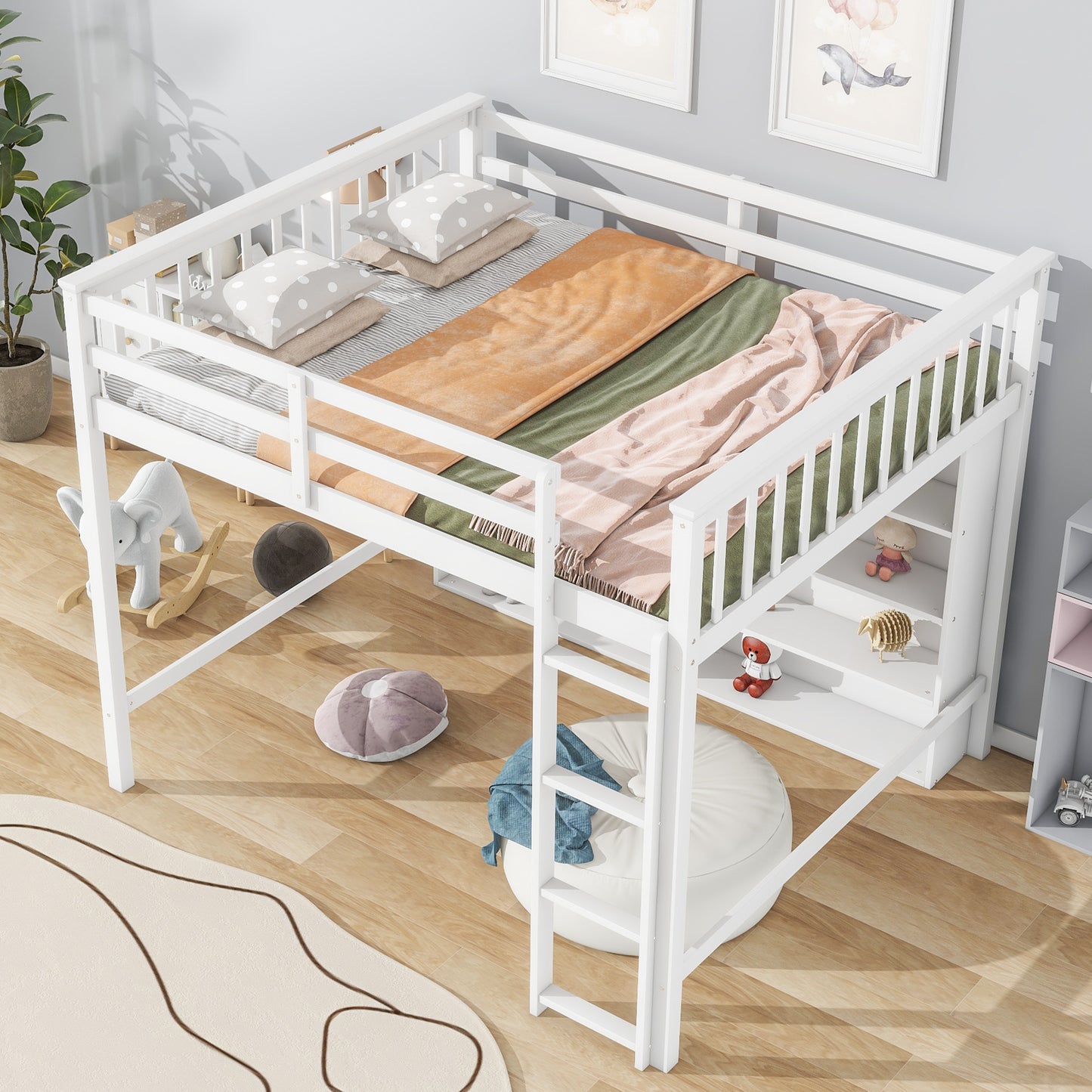 Full Size Loft Bed with 8 Open Storage Shelves and Built-in Ladder, White(Expected Arrival Time:1.5)