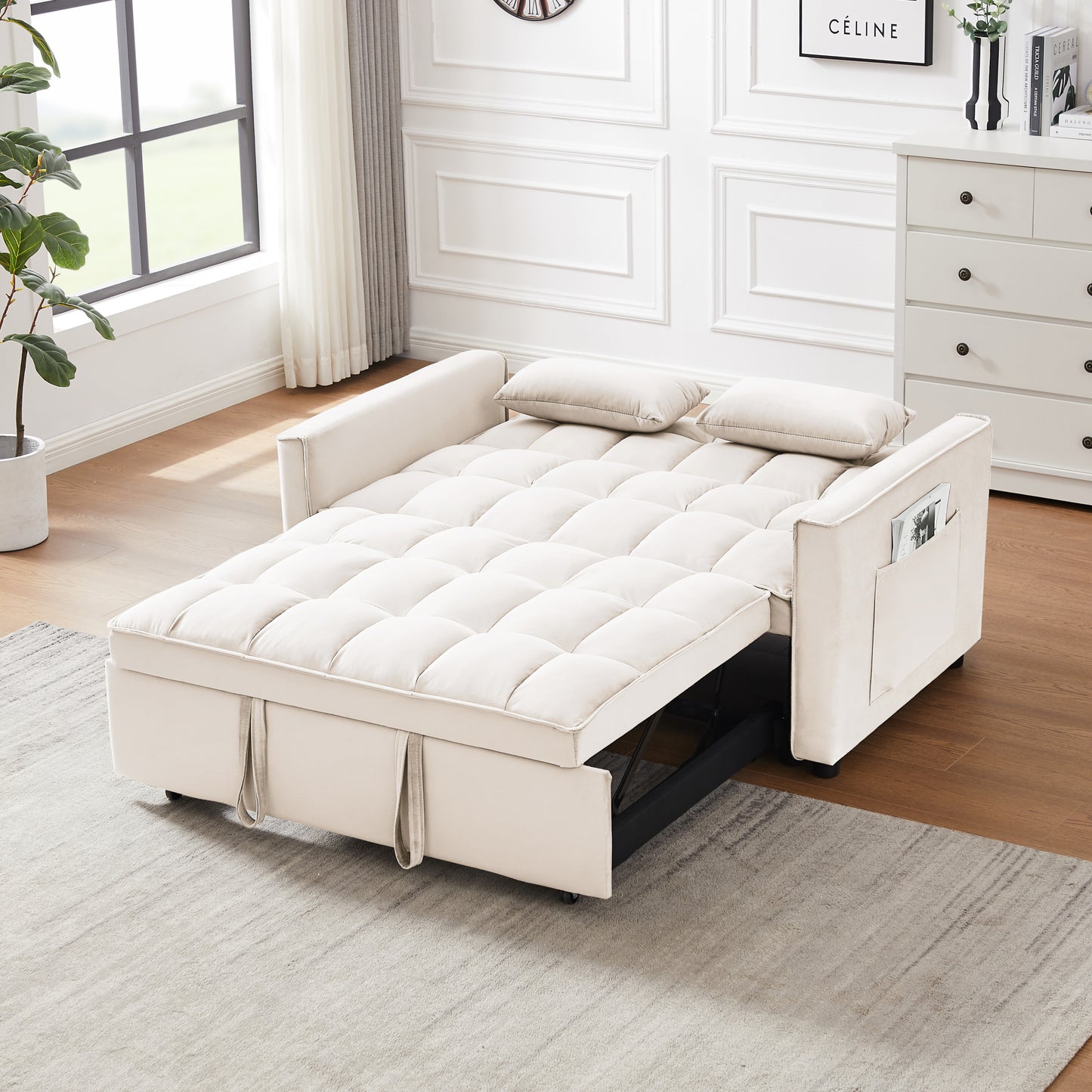 Modern Velvet Loveseat Futon Sofa Couch w/Pullout Bed,Small Love Seat Lounge Sofa w/Reclining Backrest,Toss Pillows, Pockets,Furniture for Living Room,3 in 1 Convertible Sleeper Sofa Bed, creamy white