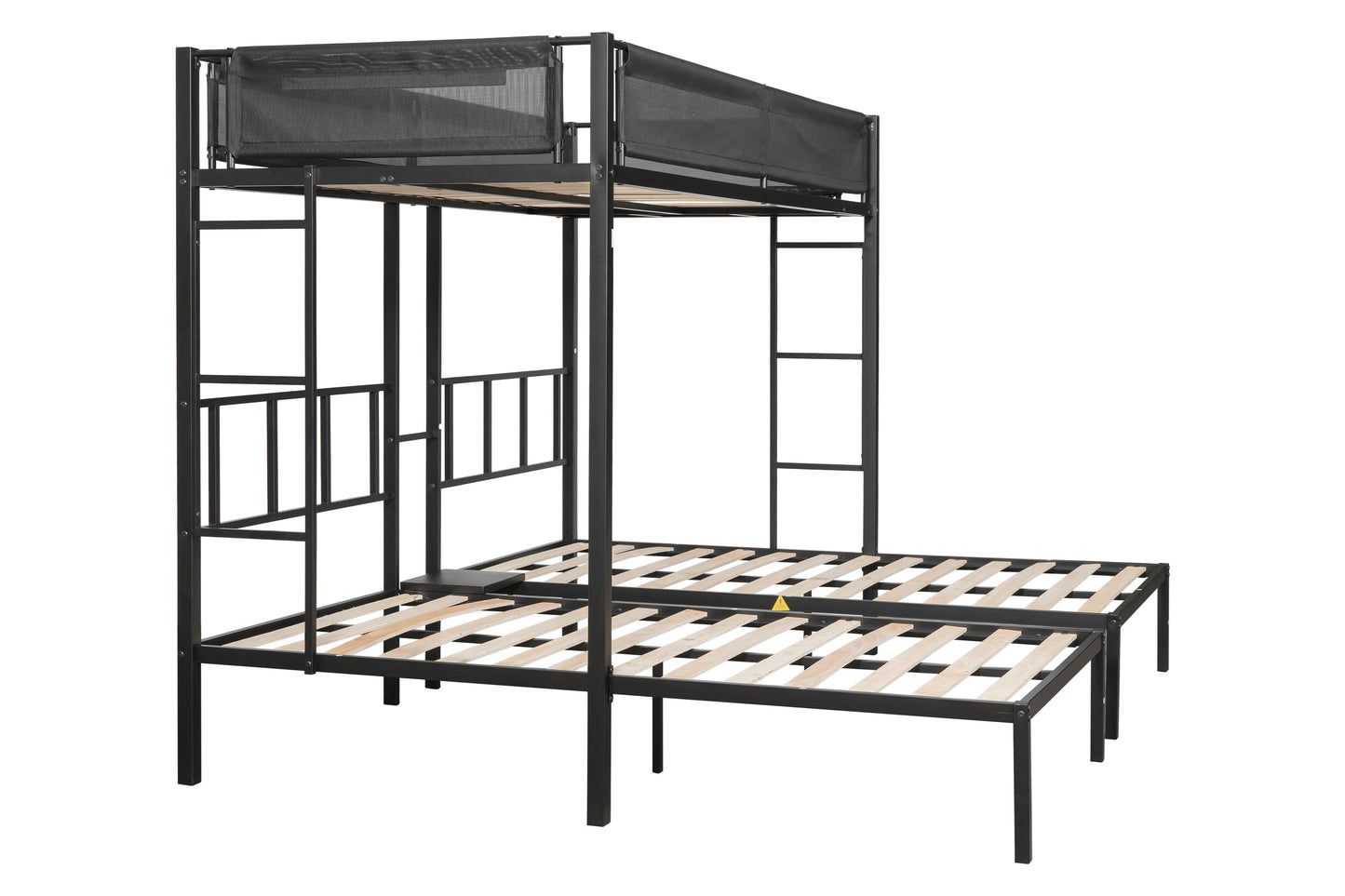 Metal Triple Twin Bunk Bed with Silent Wood Slats and Textilene Guardrails