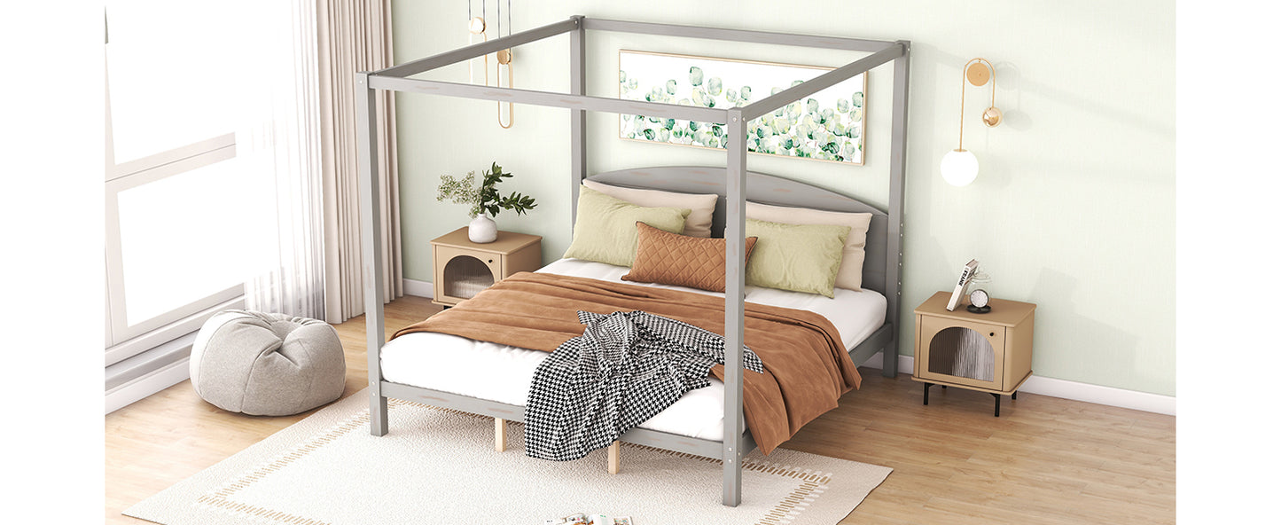 King Size Canopy Platform Bed with Headboard and Support Legs, Grey Wash