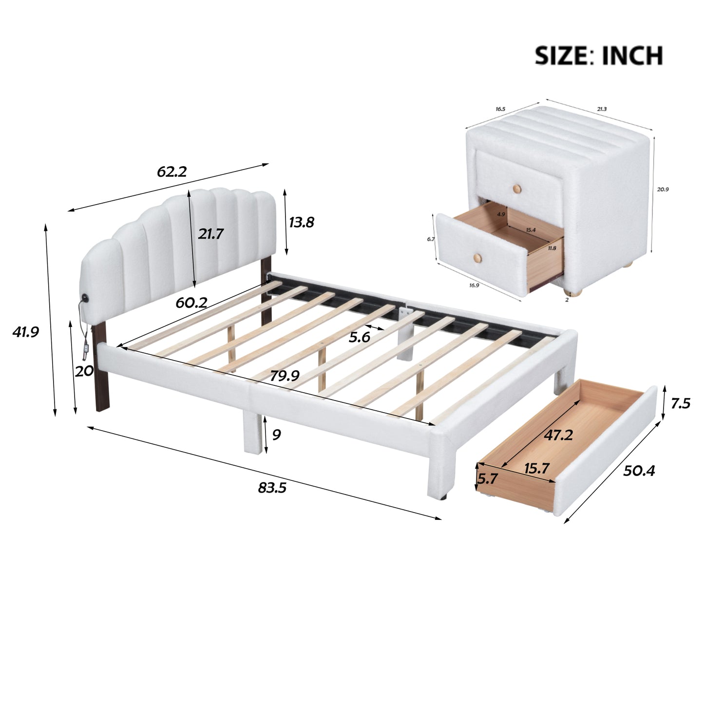 Teddy Fleece Queen Size Upholstered Platform Bed with Nightstand, White