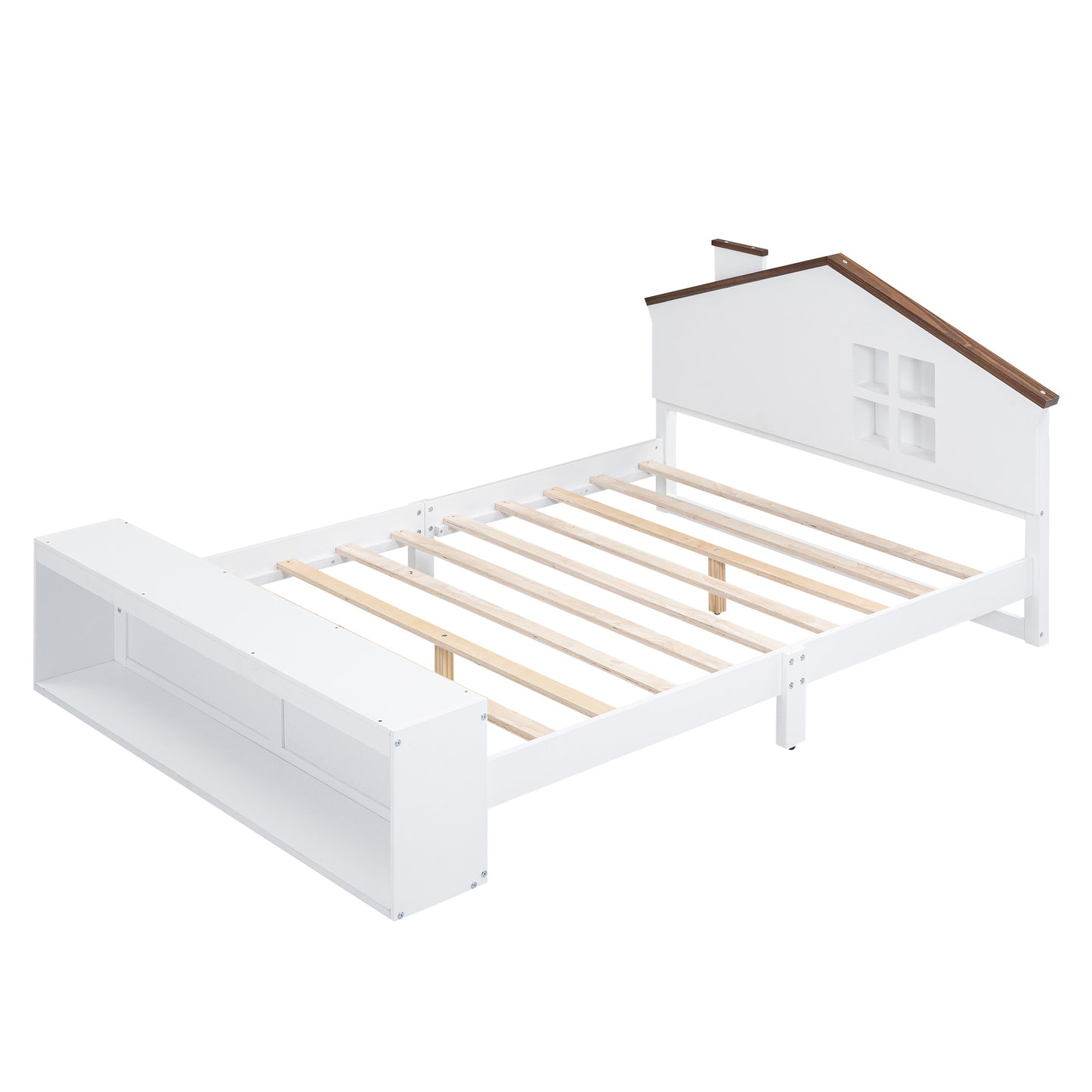 Full Size House Platform Bed with LED Lights and Storage, White