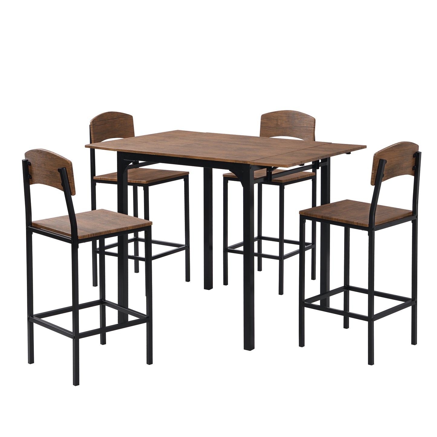 Farmhouse 5-piece Counter Height Drop Leaf Dining Table Set with Dining Chairs for 4,Black Frame+Brown Tabletop