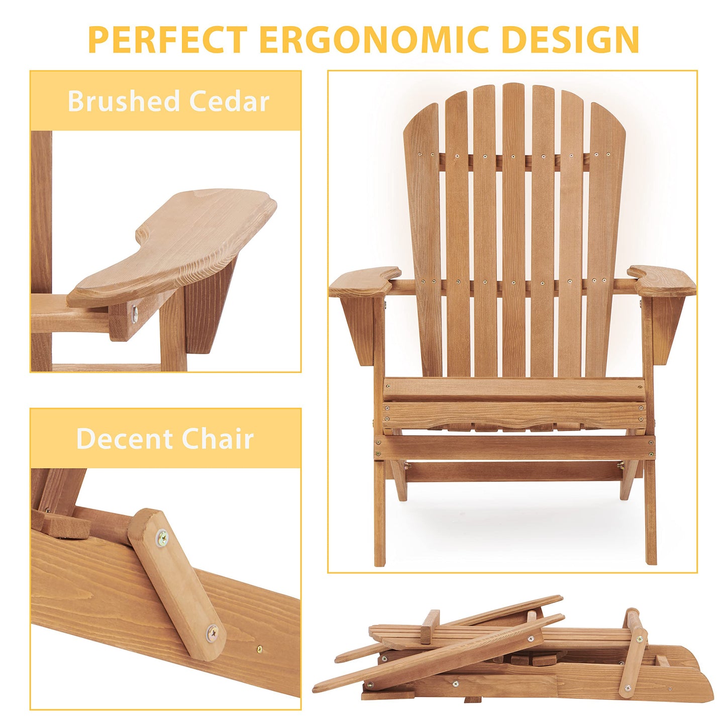 Outdoor Folding Wood Adirondack Chair Set of 2 for Garden and Patio