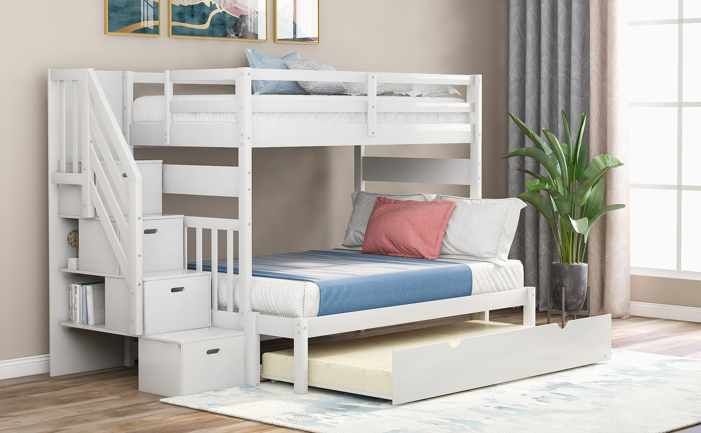 Stairway Bunk Bed with Trundle and Storage Drawers in White