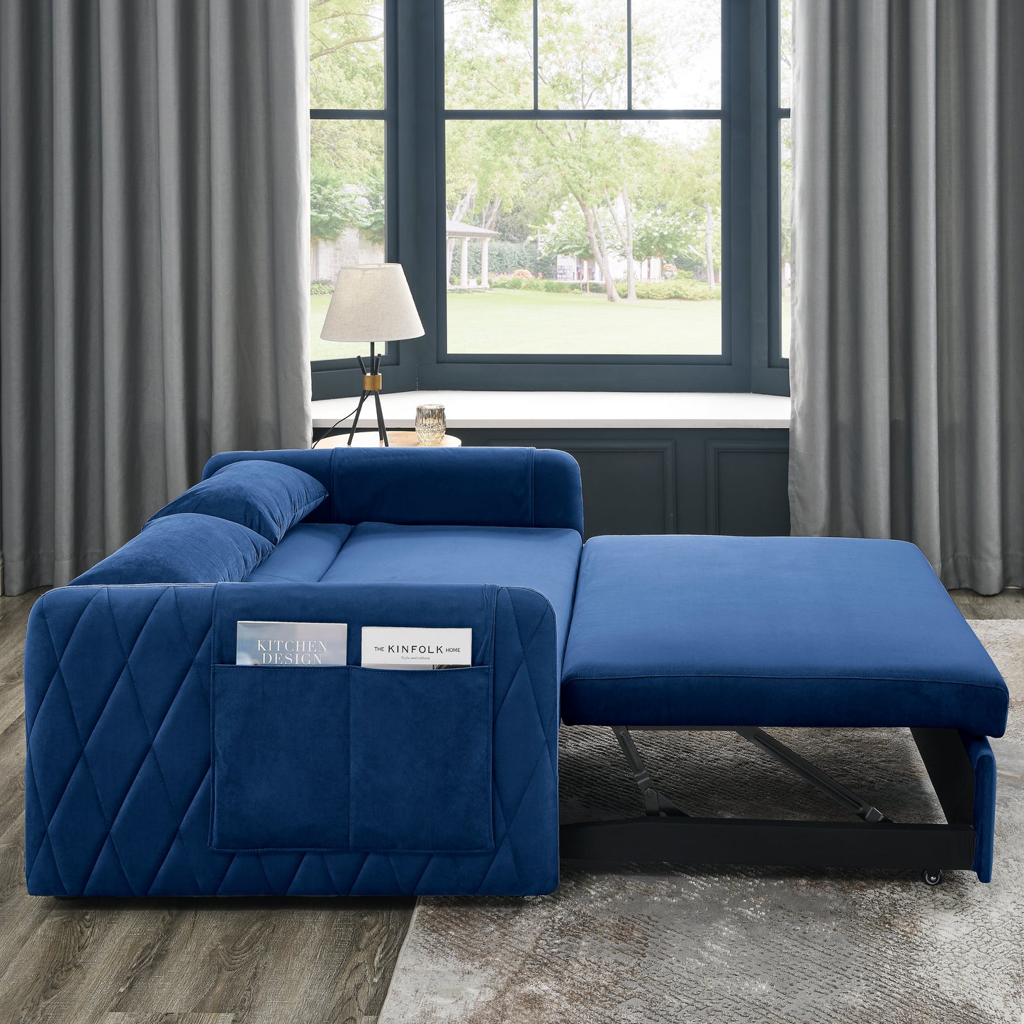 55 Convertible Velvet Sofa Bed with Adjustable Backrest and Storage Pockets