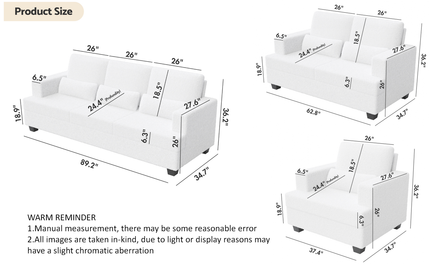 Modern Sofas Couches for Living Room, Sofas & couches with Square Armrest, Removable back Cushion and 3pcs+2pcs+1pcs waist pillow  (White&Gray Fabric)