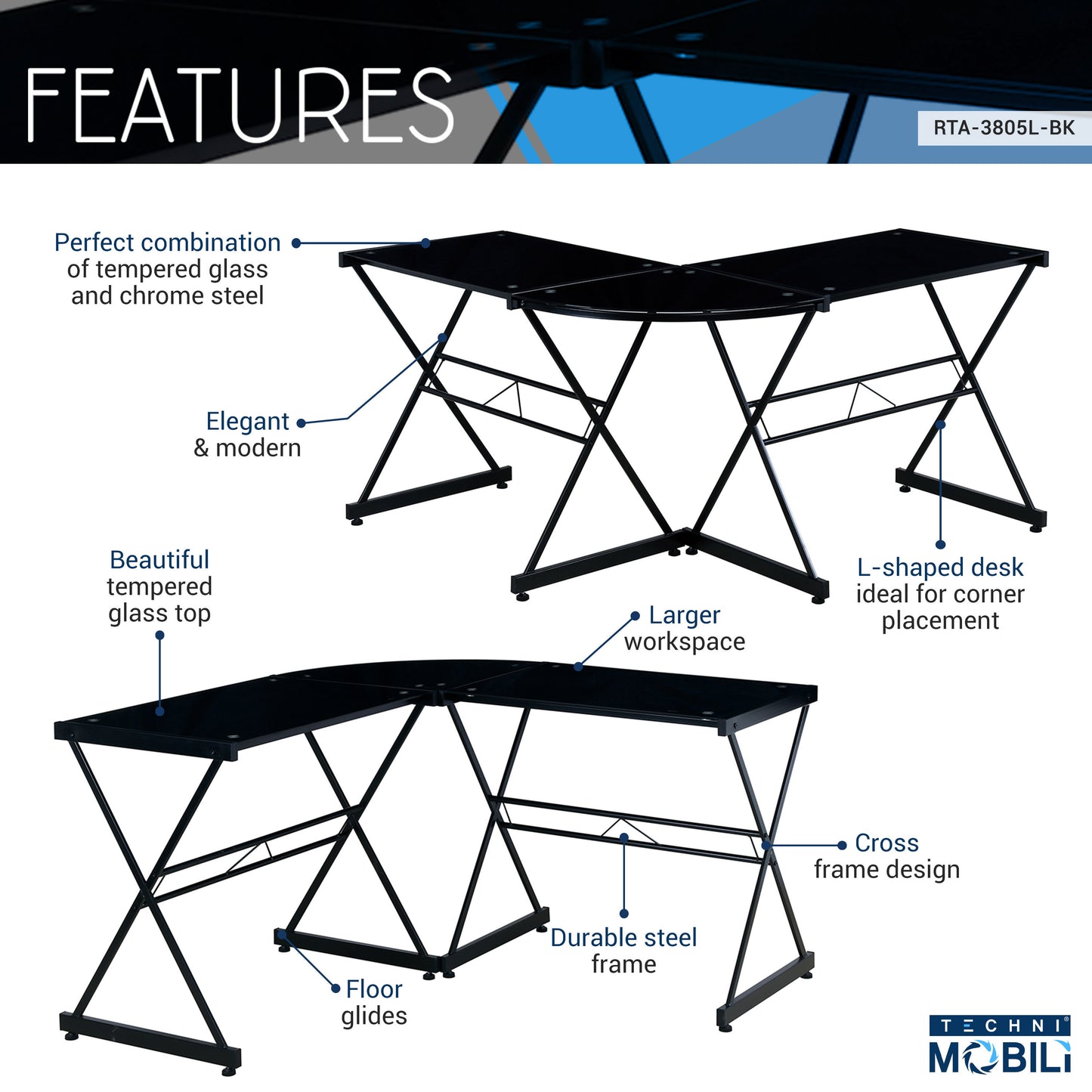 Sleek Black L-Shaped Glass Desk with Cross Frame Design