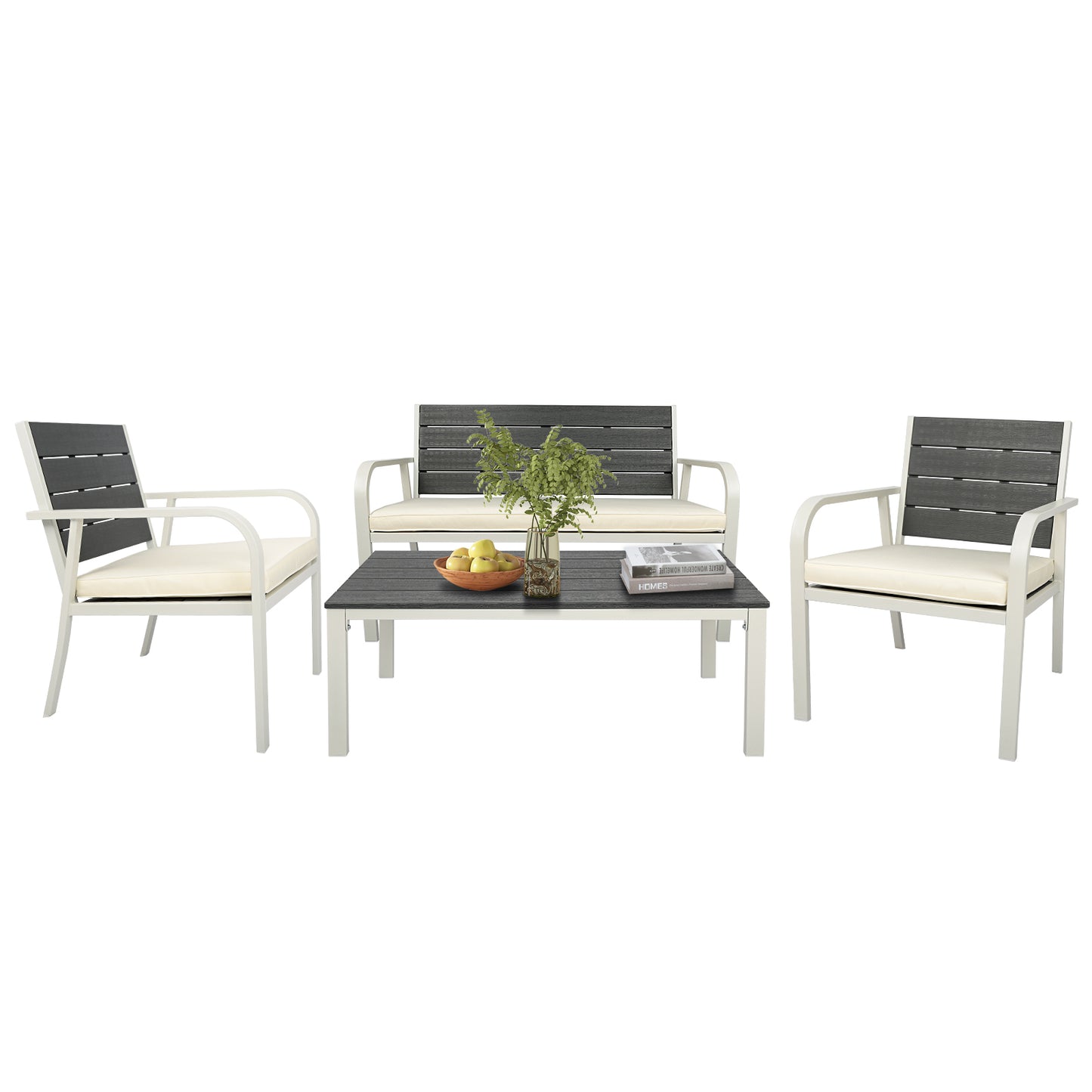 4-Piece White Outdoor Patio Furniture Set with Wood Grain Design