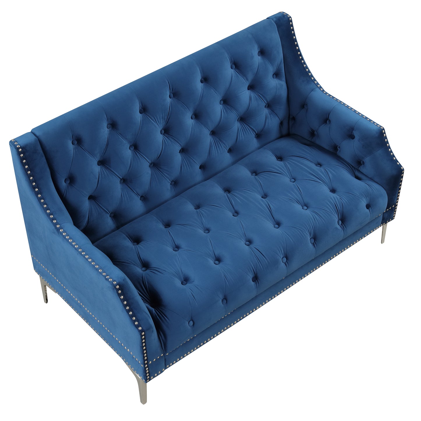 Button Tufted Back Blue Modern Sofa with Metal Legs and Plush Upholstery - 55.5