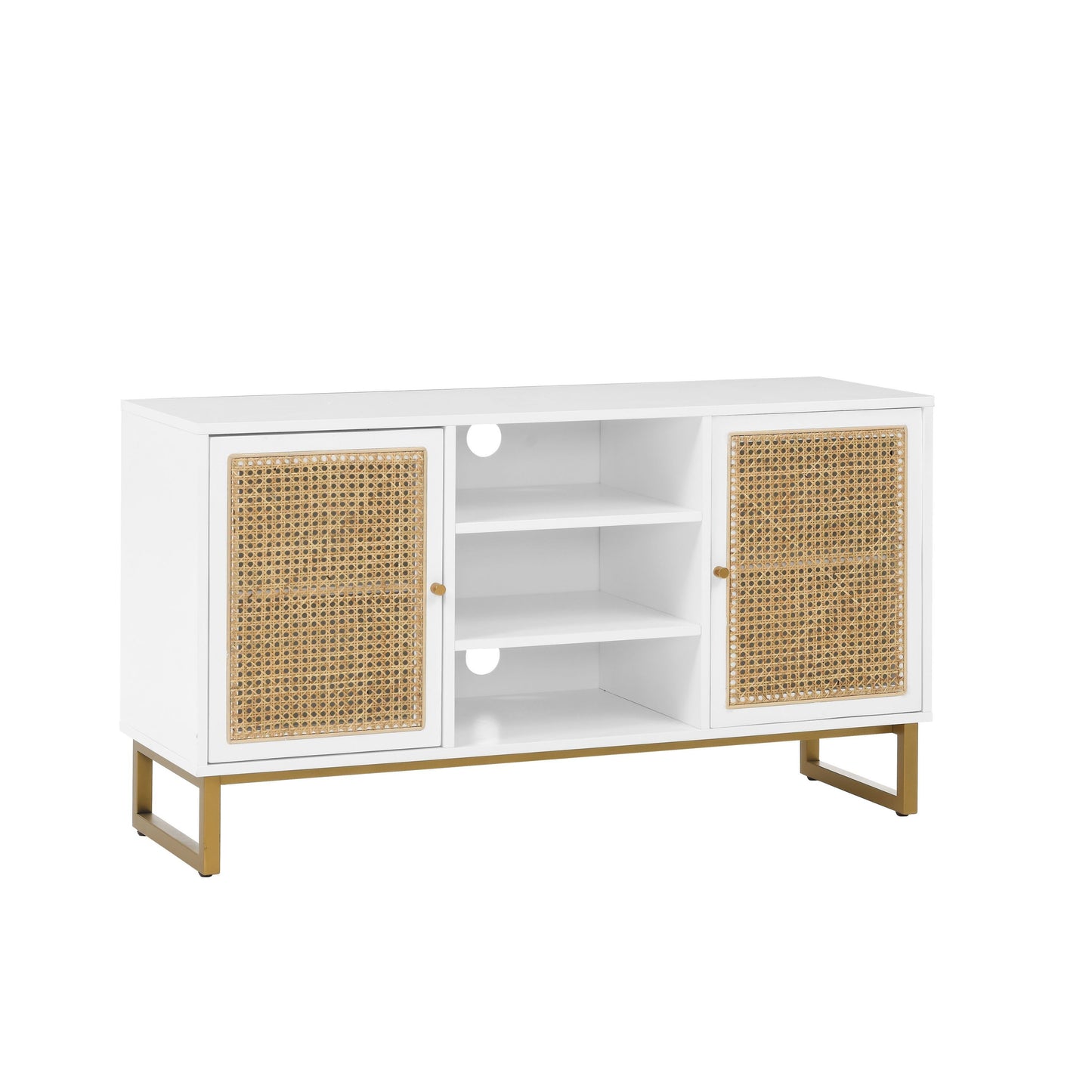 47 Inch White Rattan TV Stand with Adjustable Shelves and Metal Legs