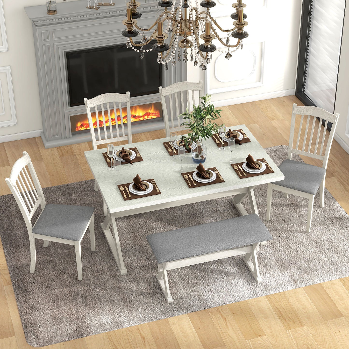 TREXM 6-Piece Rustic Dining Set, Rectangular Trestle Table and 4 Upholstered Chairs & 1 Bench for Dining Room (White Washed)