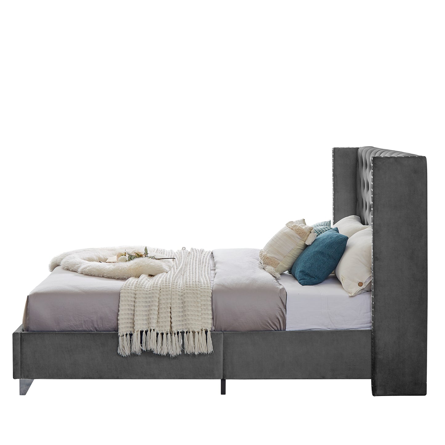 B100S Queen bed,  Button designed Headboard, strong wooden slats + metal support feet, Gray Flannelette