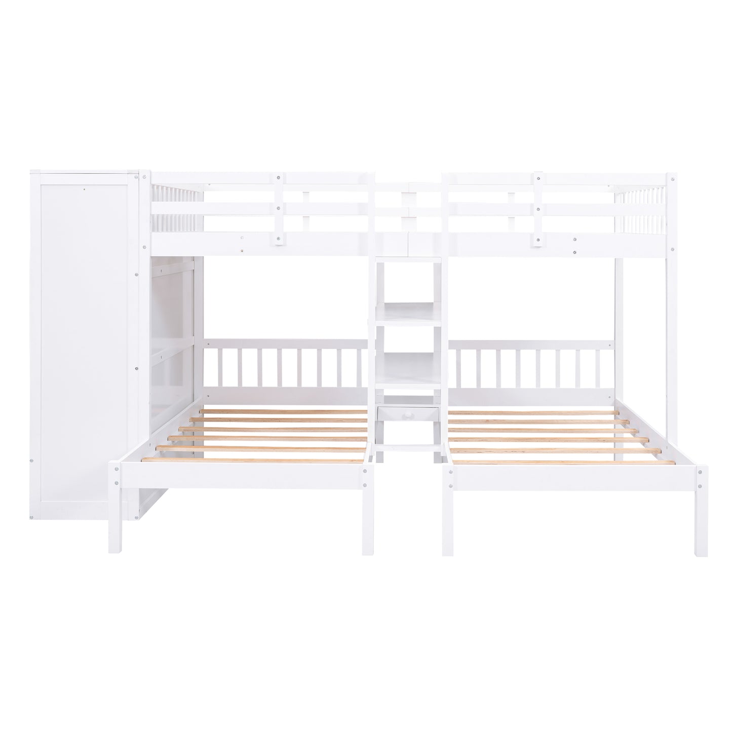 Triple Bunk Bed with Shelves, Wardrobe, and Mirror in White - Space-Saving Family Bunk Bed