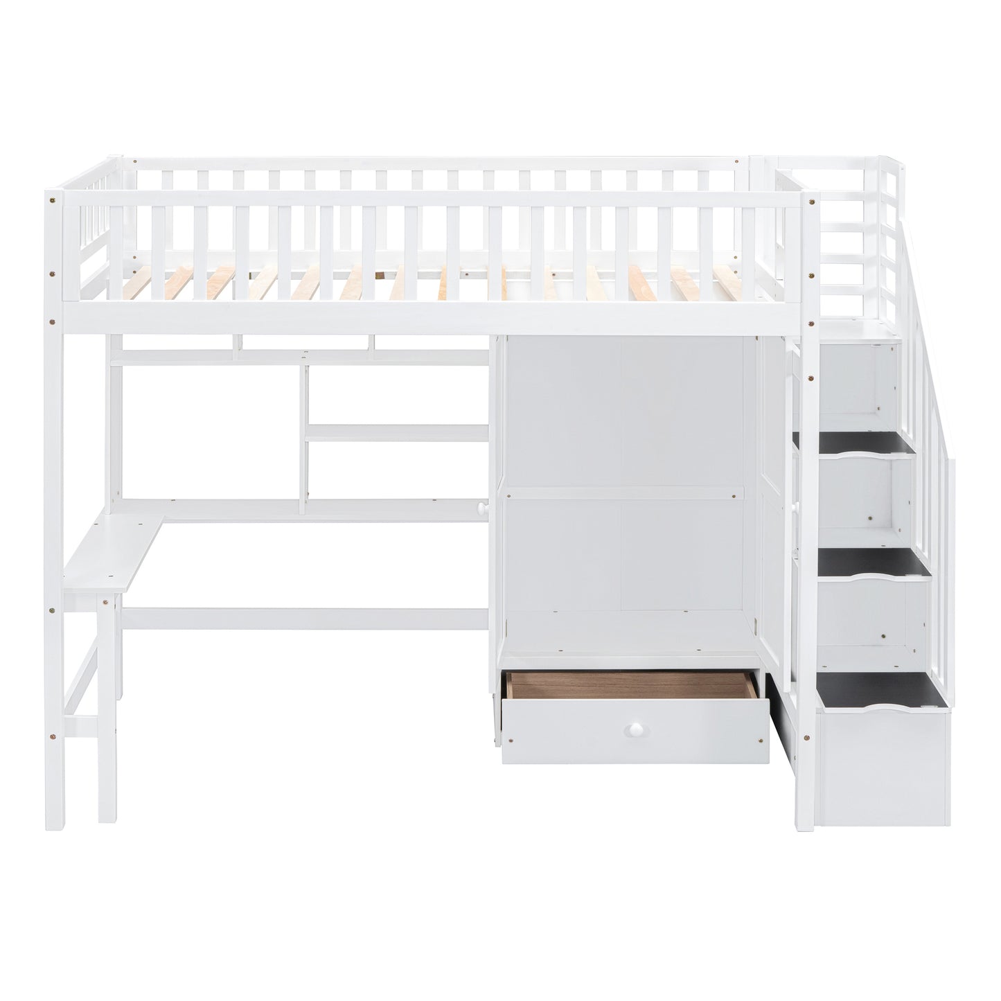 Twin size Loft Bed with Bookshelf,Drawers,Desk,and Wardrobe-White