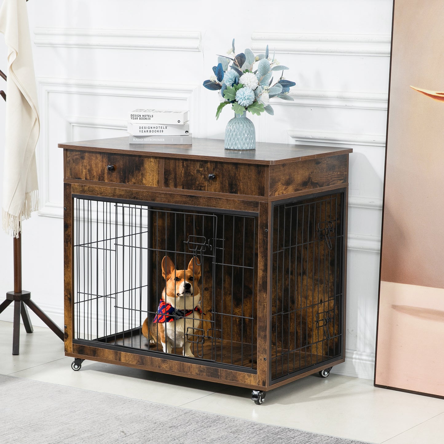 Dog Crate Furniture, Wooden Dog House, Decorative Dog Kennel with Drawer, Indoor Pet Crate End Table for Small Dog, Steel-Tube Dog Cage, Chew-Proof, Rustic Brown 31.7" L×23.2" W×33" H