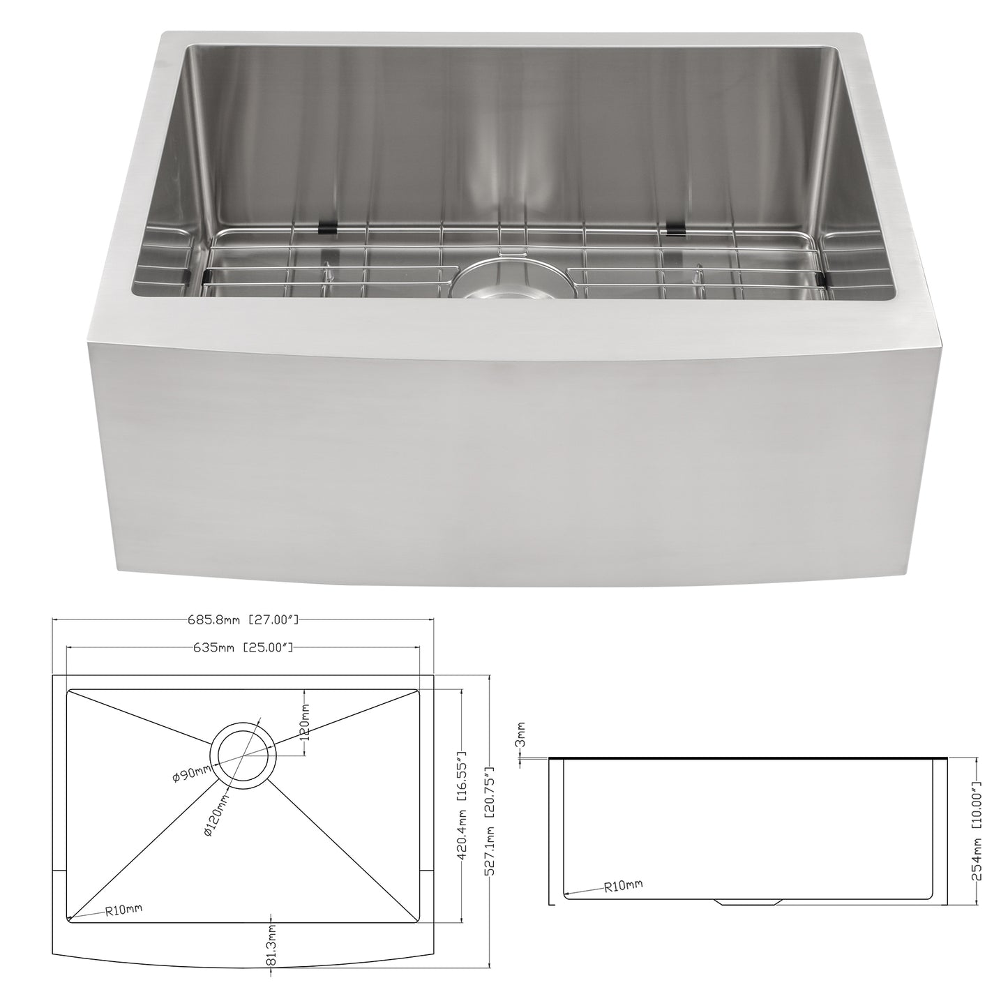 27 Inch Stainless Steel Apron Front Farmhouse Kitchen Sink with Accessories