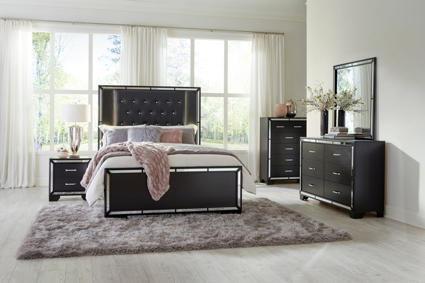 Beautiful Bedroom Furniture 1pc Nightstand with 2x Drawers Textural Panels Chrome Finish Handles Glamorous Style Wooden Furniture