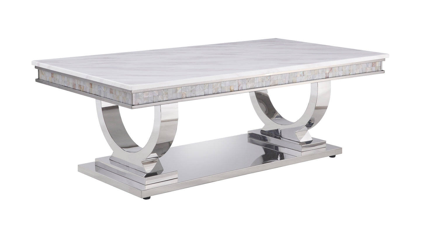 Zander Marble Top Coffee Table with Mirrored Silver Finish