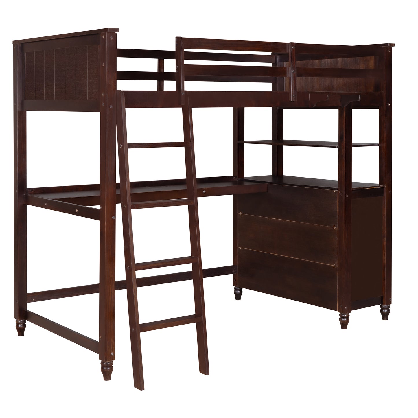 Twin size Loft Bed with Drawers and Desk, Wooden Loft Bed with Shelves - Espresso(: LT001530AAP)