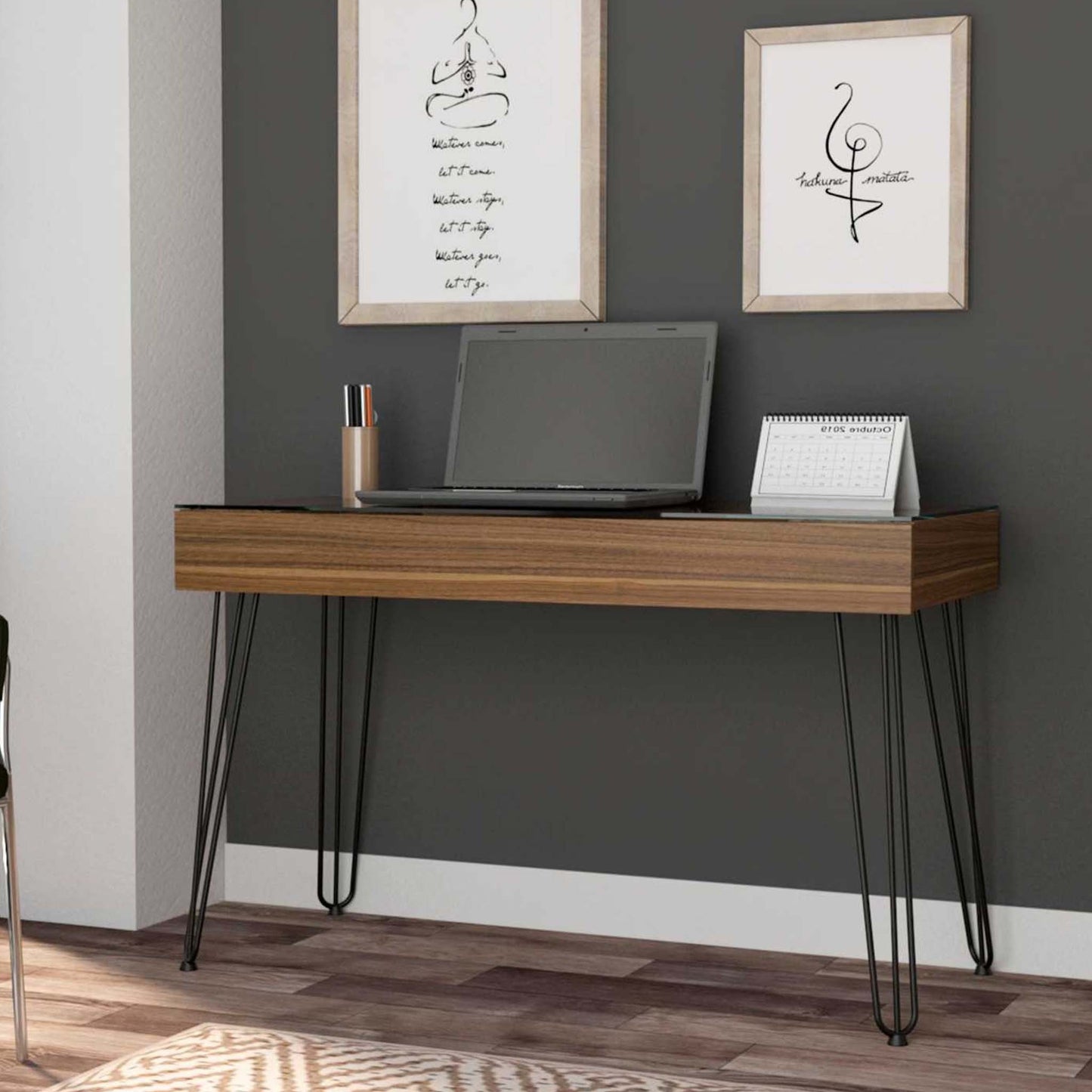 Mahogany Writing Desk with Hairpin Legs, Drawer Storage, and Glass Top Surface