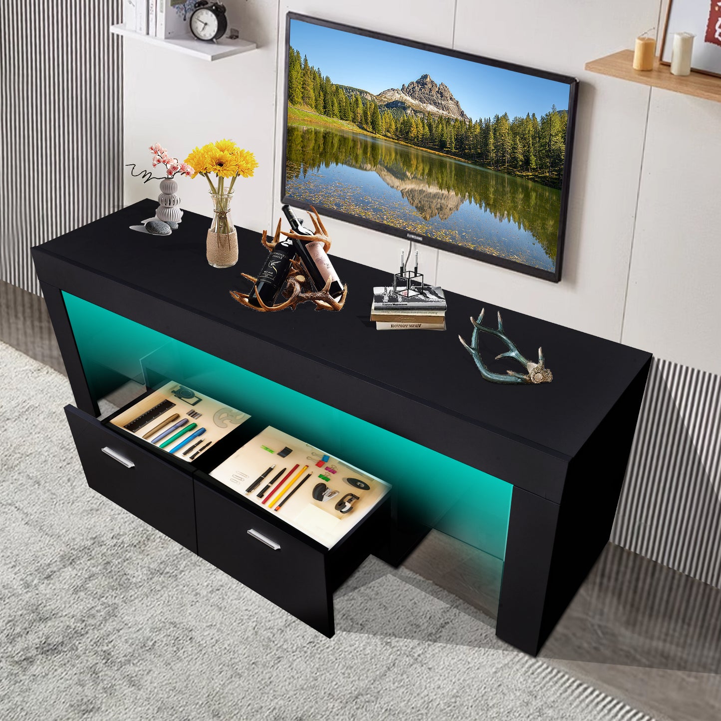 Modern LED TV Stand with Multi-Color Lighting and Storage Cabinet for TVs Up to 75 Inches