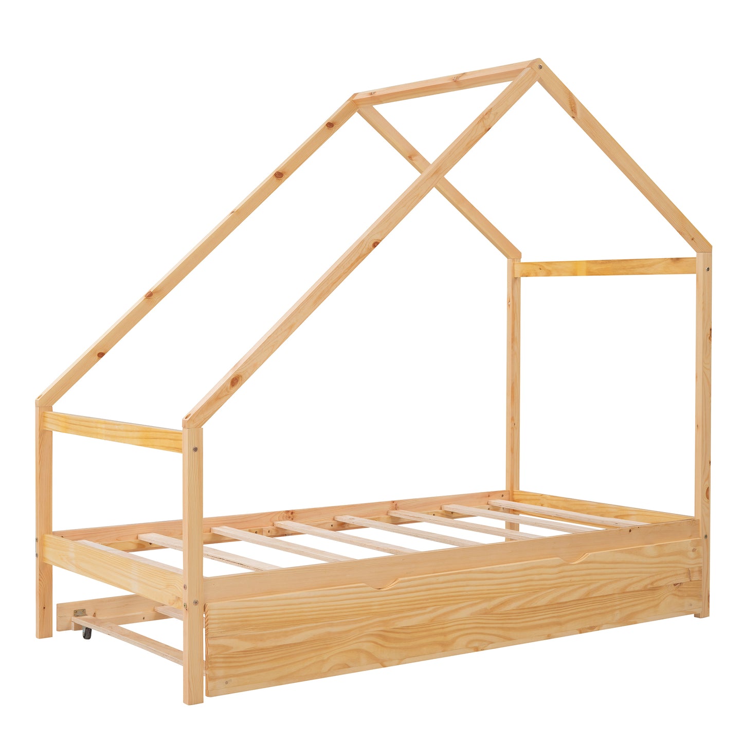 Twin Size Wooden House Bed With Twin Size Trundle, Natural