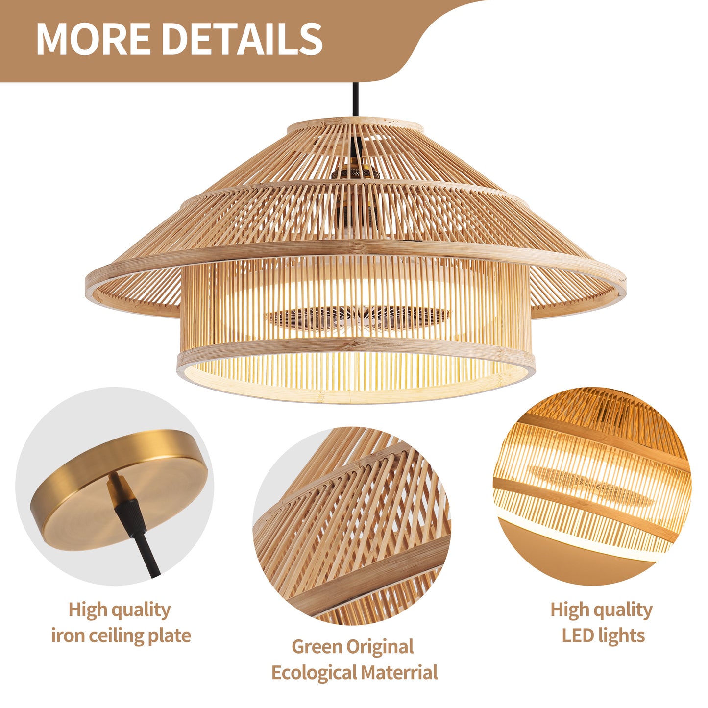 Bamboo Ceiling Fan Lights with Stepless Dimming