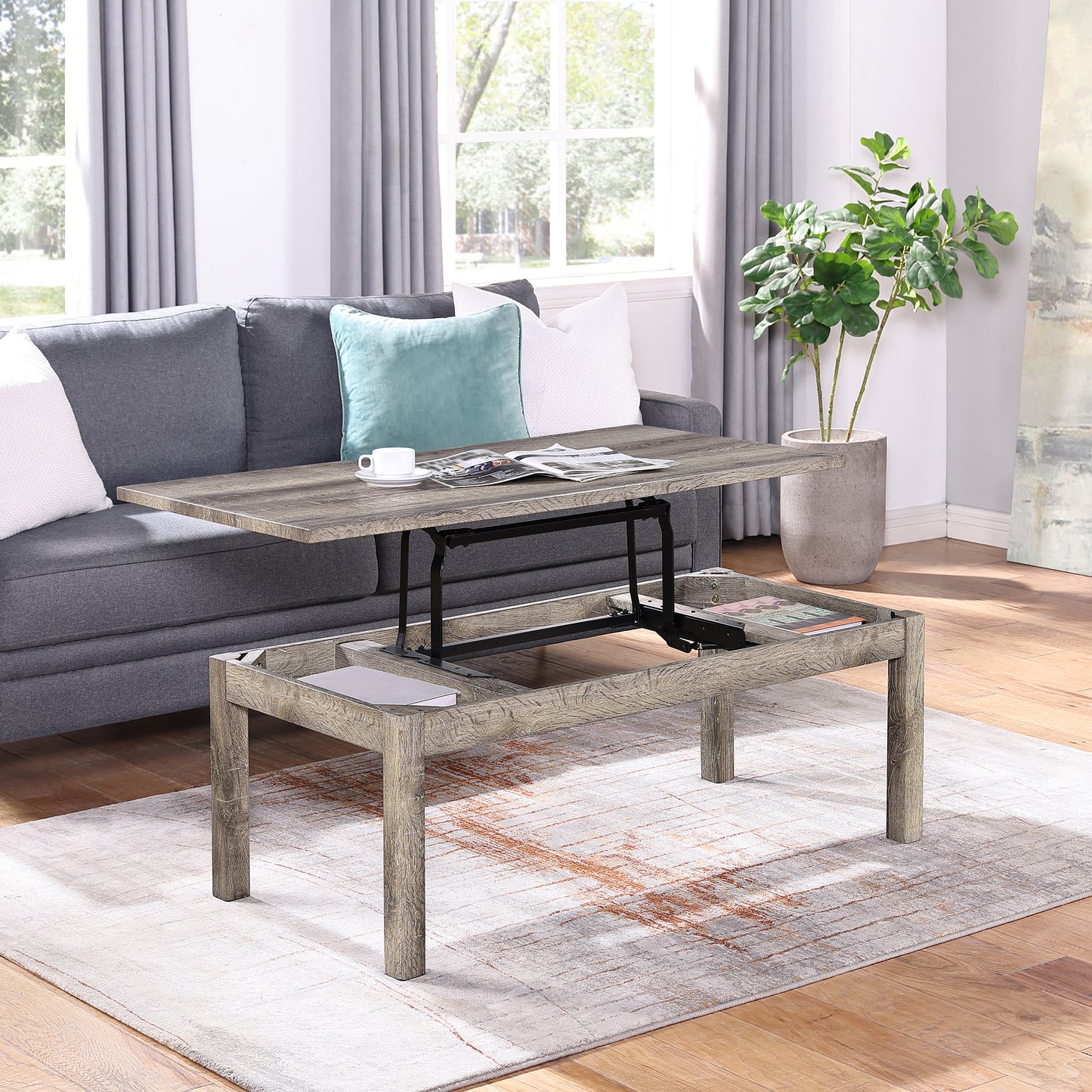 Convertible Lift Top Coffee Table with Hidden Storage Shelf