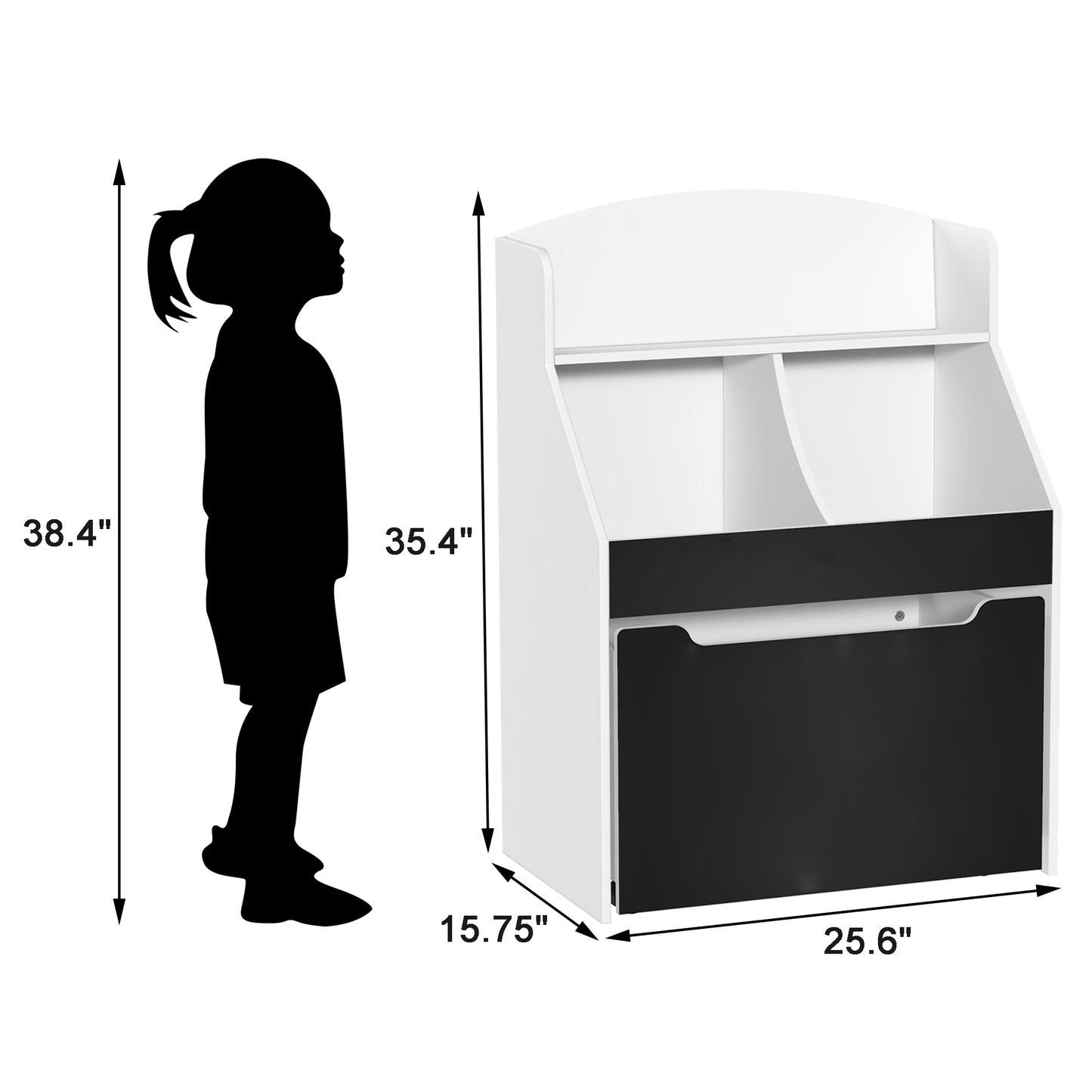 Children's White Bookshelf and Toy Storage Organizer with Rolling Bin and Chalkboard Panels