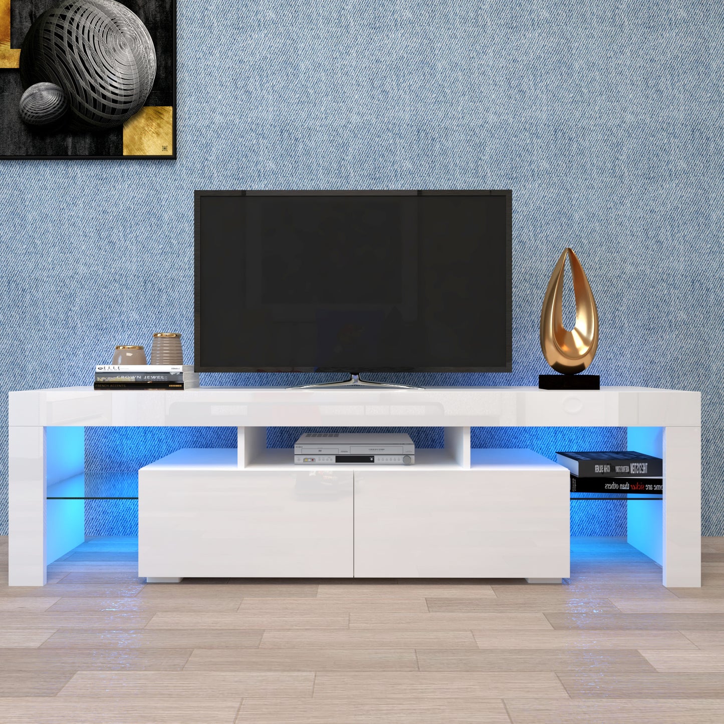 LED TV Stand with Remote Controlled Lights in Modern White, 20 Color Options