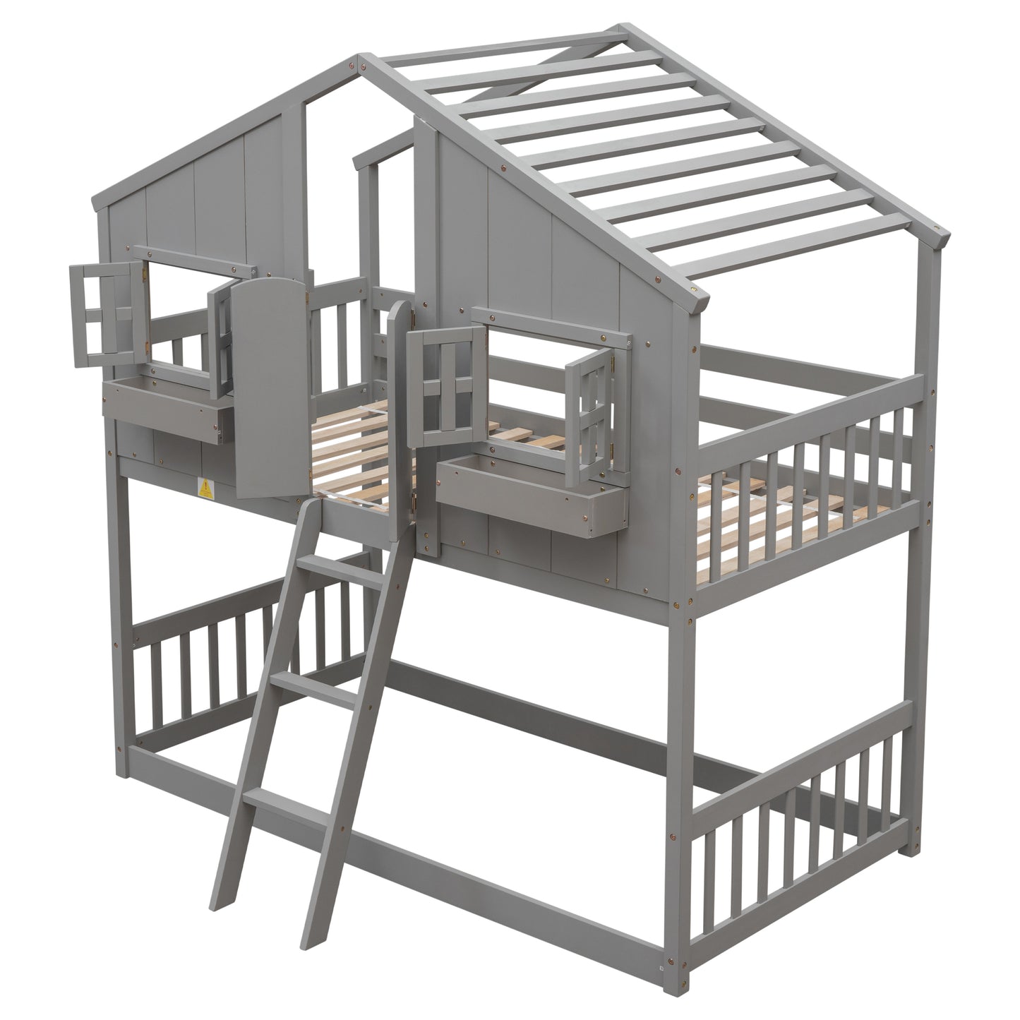 Imaginative Grey Twin House Bunk Bed with Woodland Charm