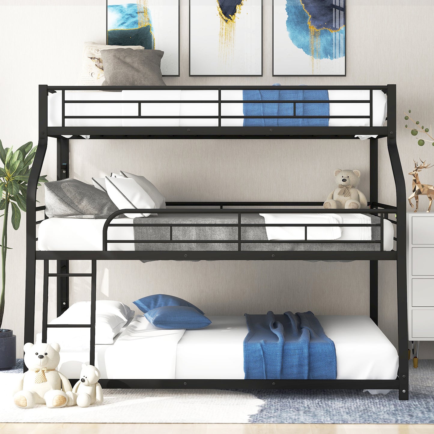 Modern Black Metal Triple Bunk Bed with Multiple Size Options and Innovative Safety Features