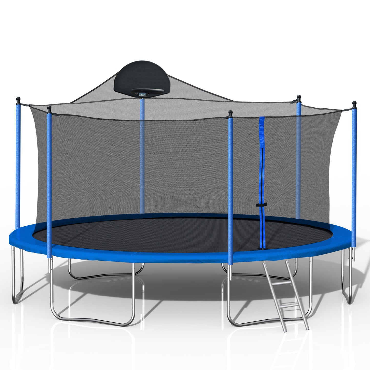 14FT Trampoline for Adults & Kids with Basketball Hoop, Outdoor Trampolines w/Ladder and Safety Enclosure Net for Kids and Adults,Double-side Color cover