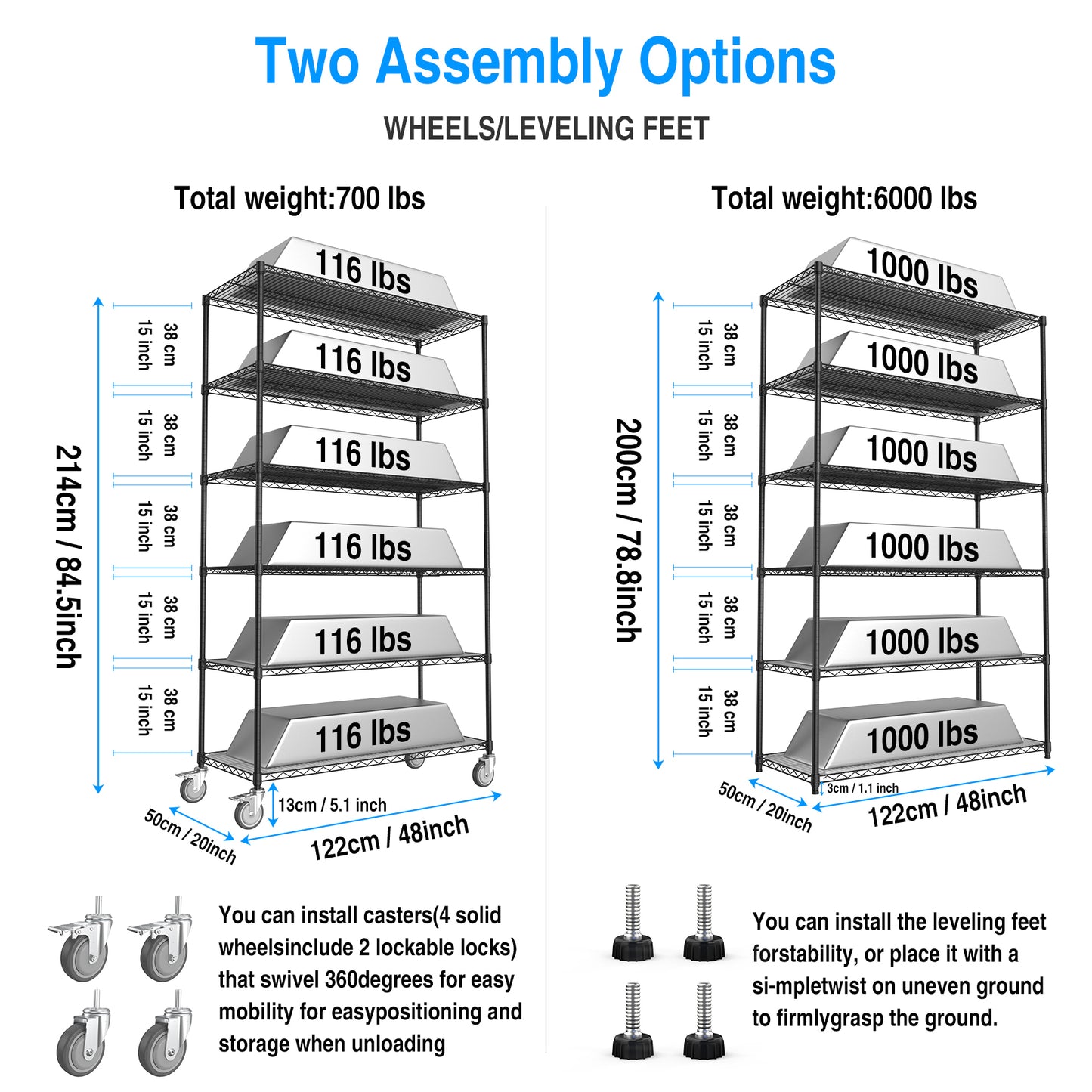 6 Tier Wire Shelving Unit, 6000 LBS NSF Height Adjustable Metal Garage Storage Shelves with Wheels, Heavy Duty Storage Wire Rack Metal Shelves - Black - 204882