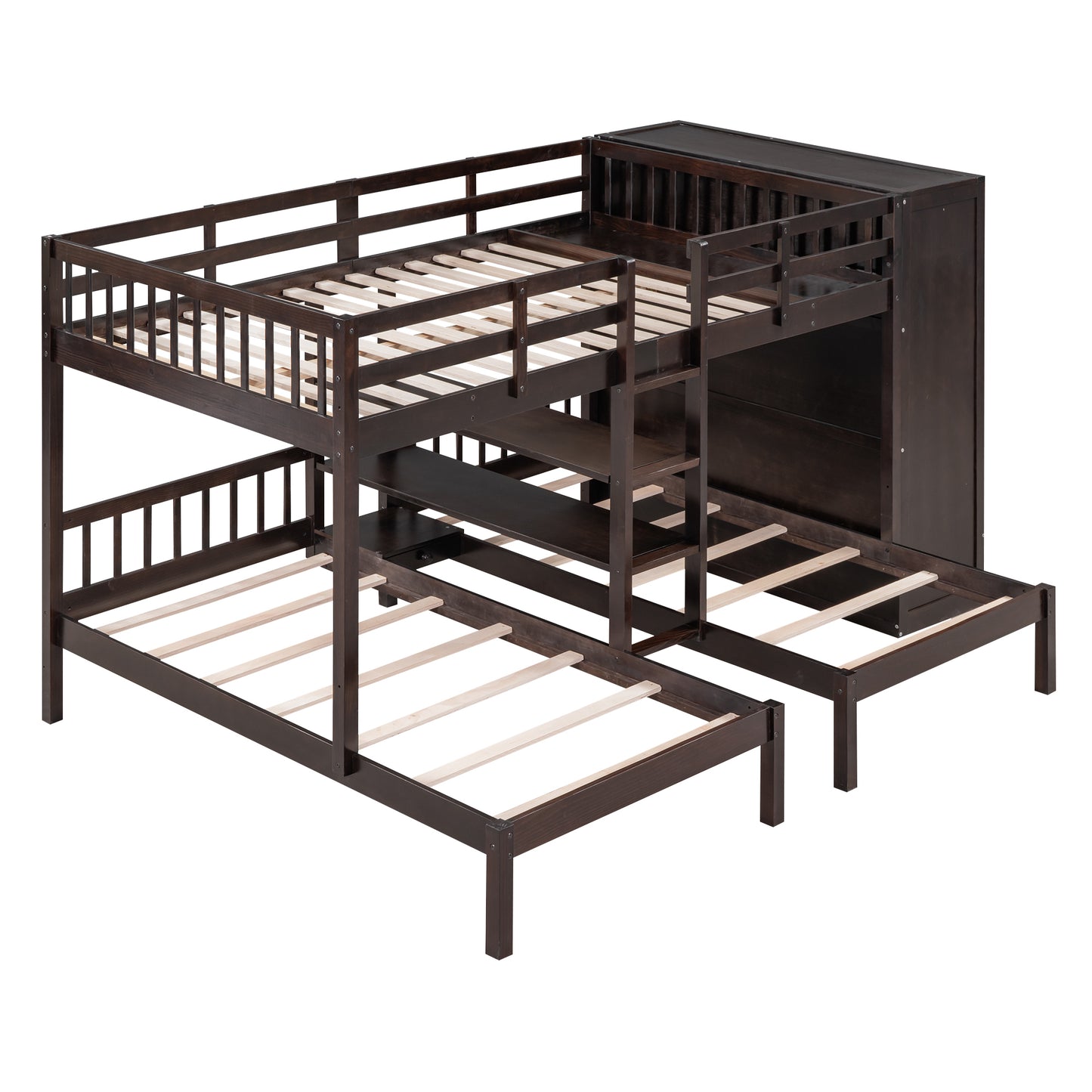 Efficient Espresso Bunk Bed with Twin Over Full, Wardrobe, Mirror, and Shelves