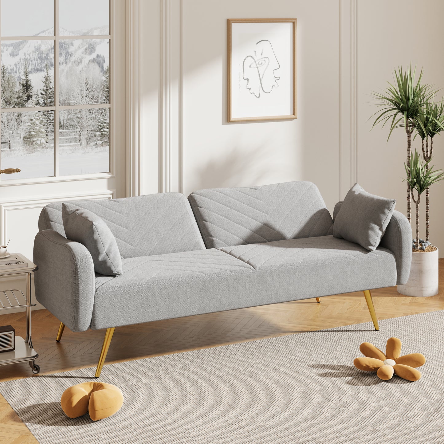 70.47 Gray Fabric Double Sofa with Split Backrest and Two Throw Pillows