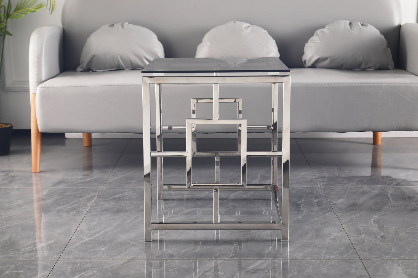 Silver Square Nesting Glass End Table Set with Stainless Steel Frame