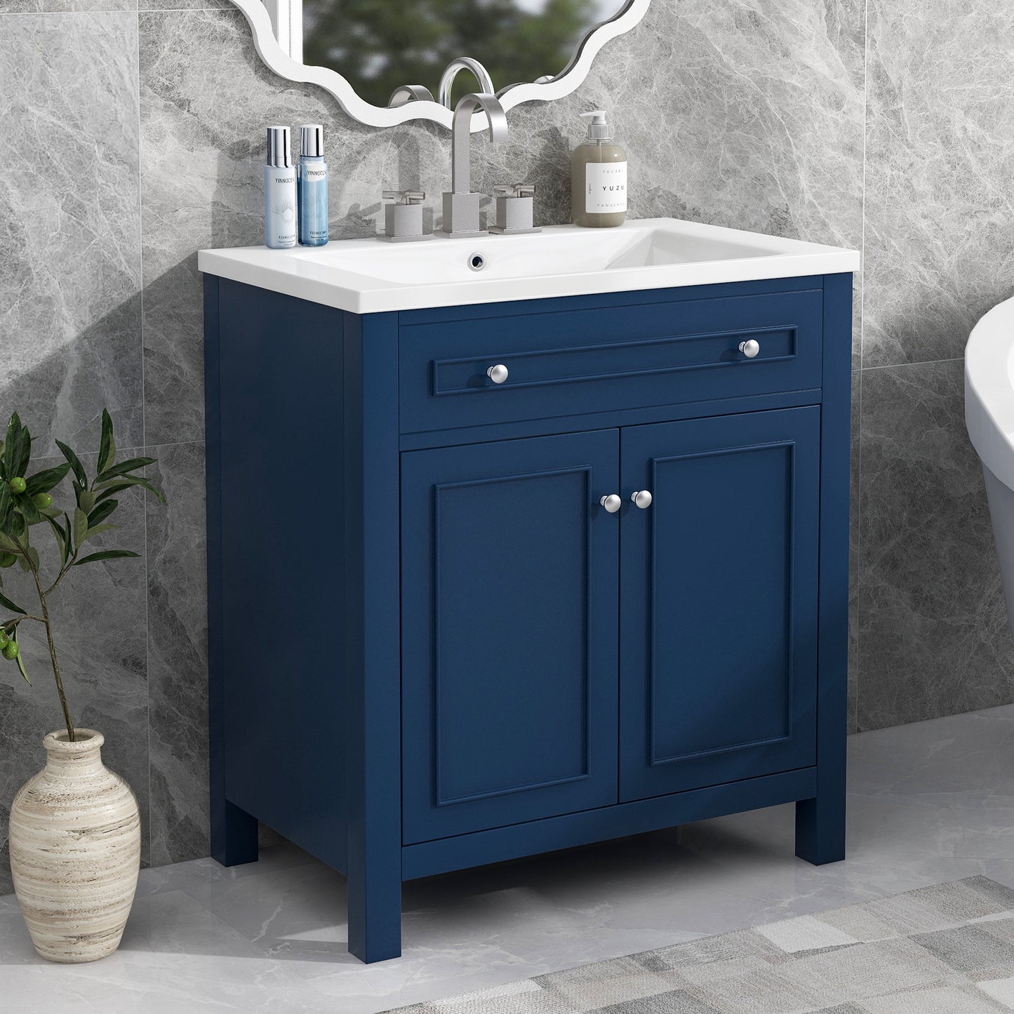 30" Bathroom Vanity Cabinet with Sink Top, Bathroom Storage Cabinet with Two Doors and Adjustable Shelf, Blue