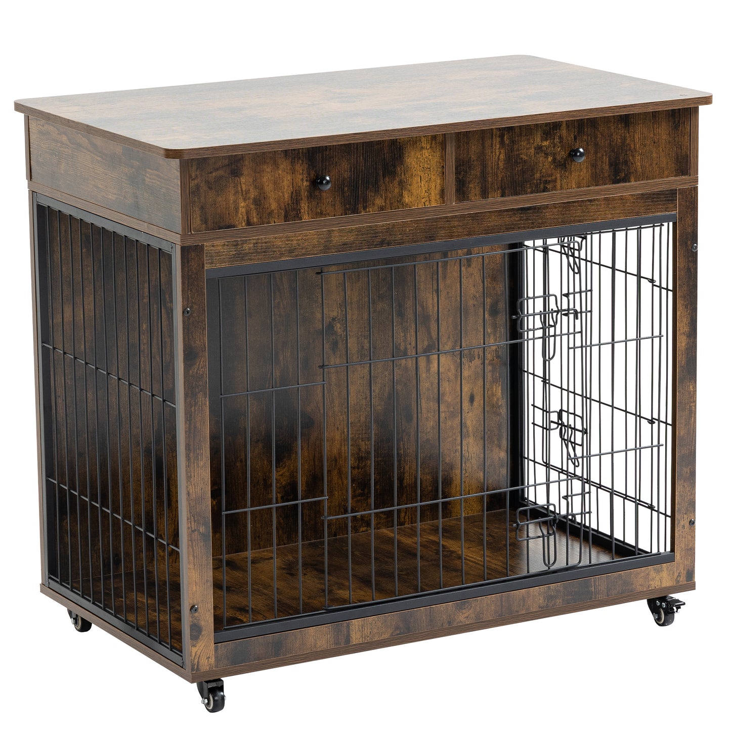 Dog Crate Furniture, Wooden Dog Crate End Table, 38.4 Inch Dog Kennel with 2 Drawers Storage, Heavy Duty Dog Crate, Decorative Pet Crate Dog Cage for Large Indoor Use (Rustic Brown) 38.4" L×23.2" W×35